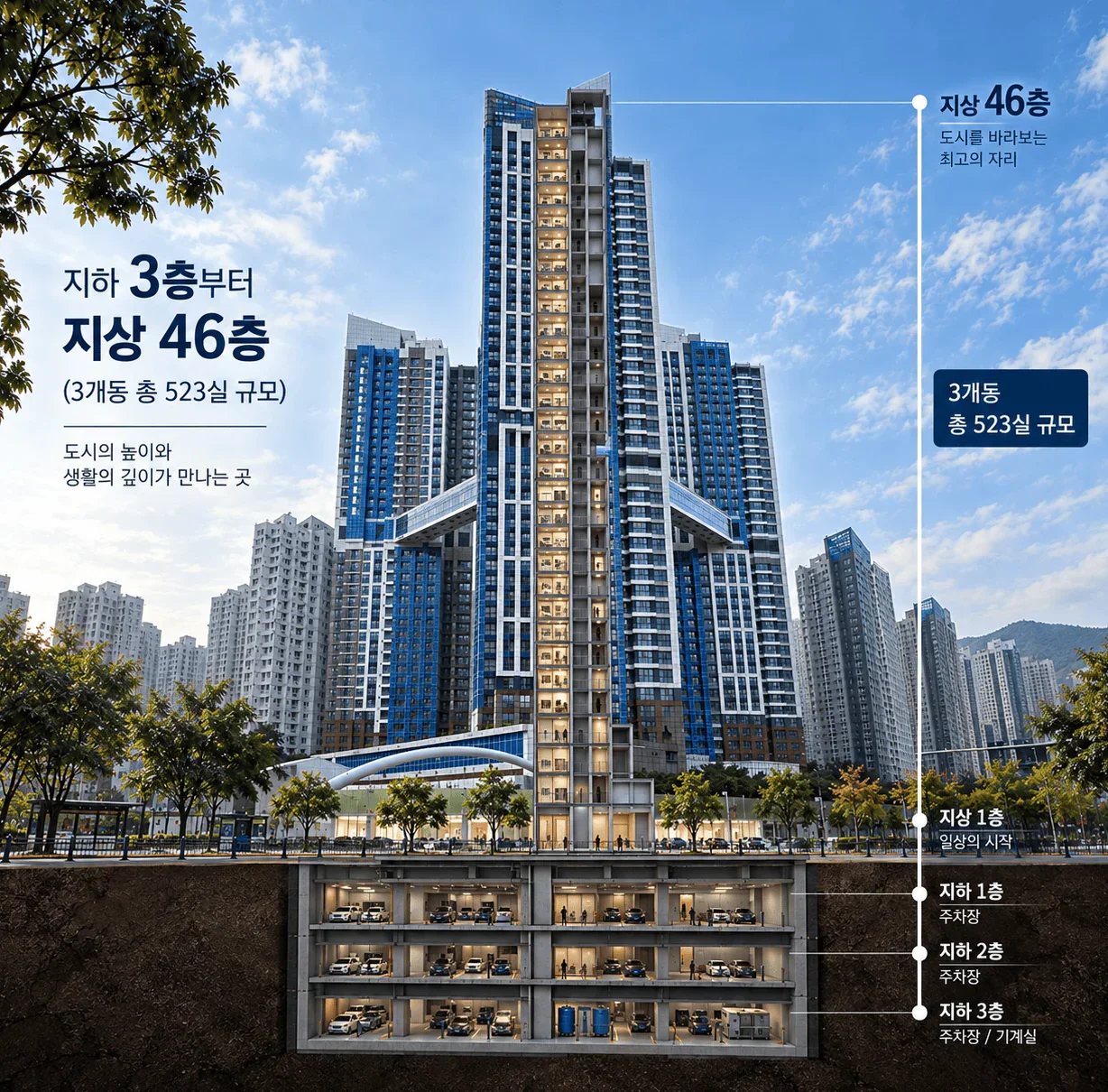 단지 단면 CG — 지하 주차장부터 최상층까지